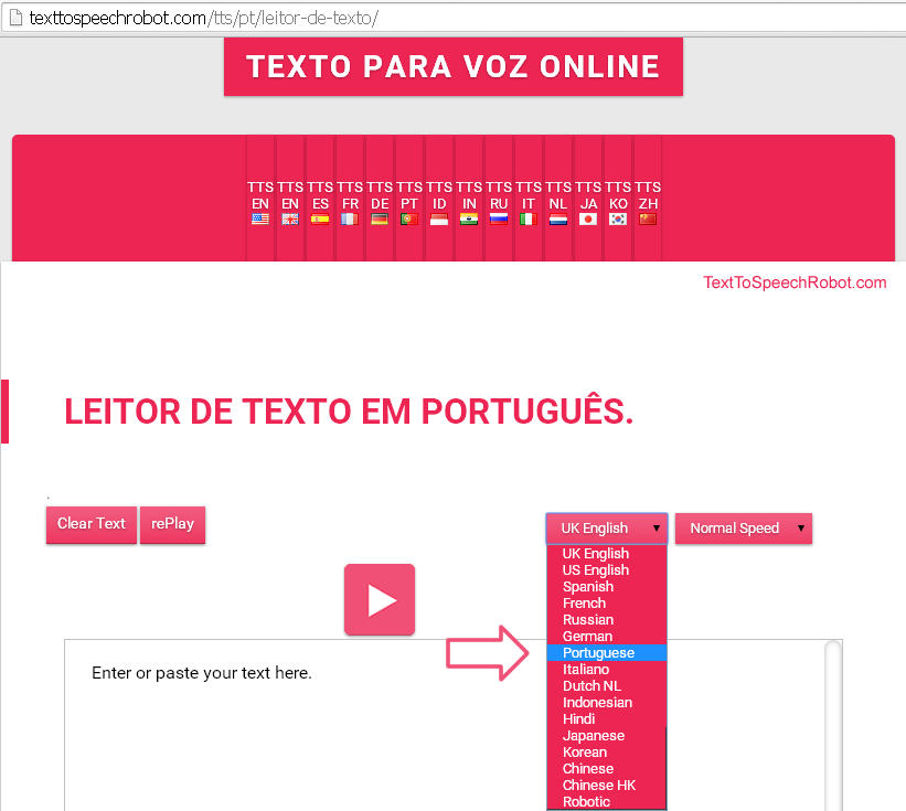 Leitor de texto online em vários idiomas – Ponto de fusão